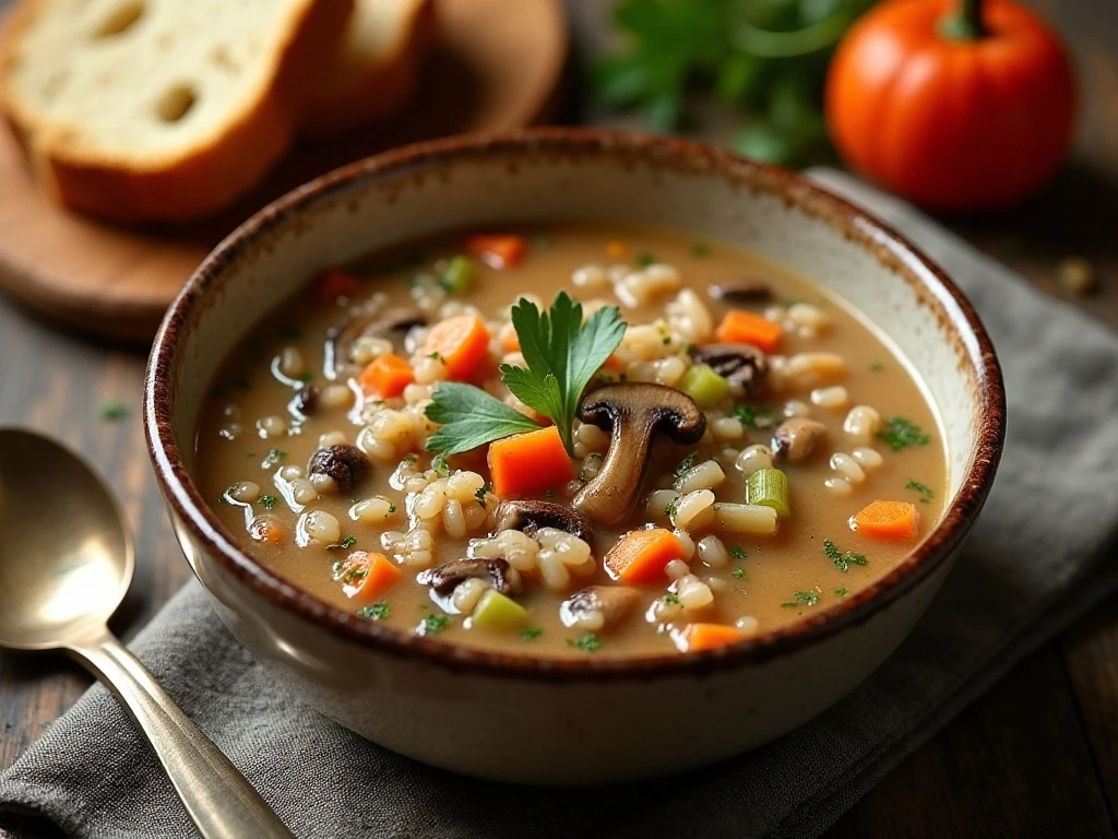 Bowl of creamy wild rice and mushroom soup served with crusty bread