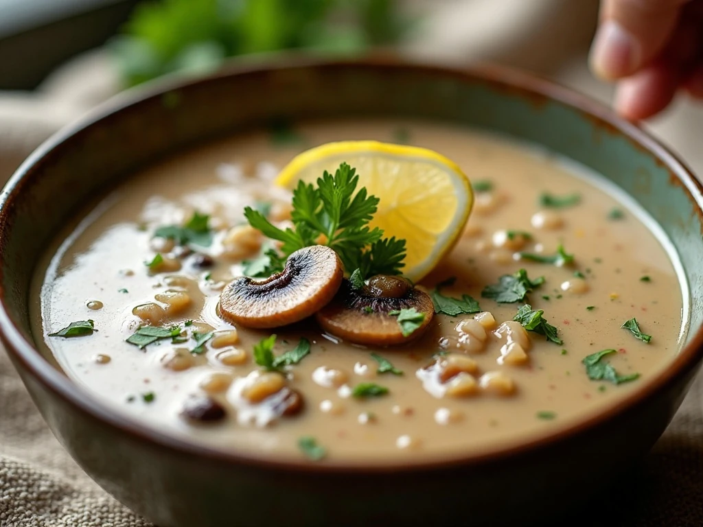 Creamy wild rice mushroom soup garnished with parsley and lemon