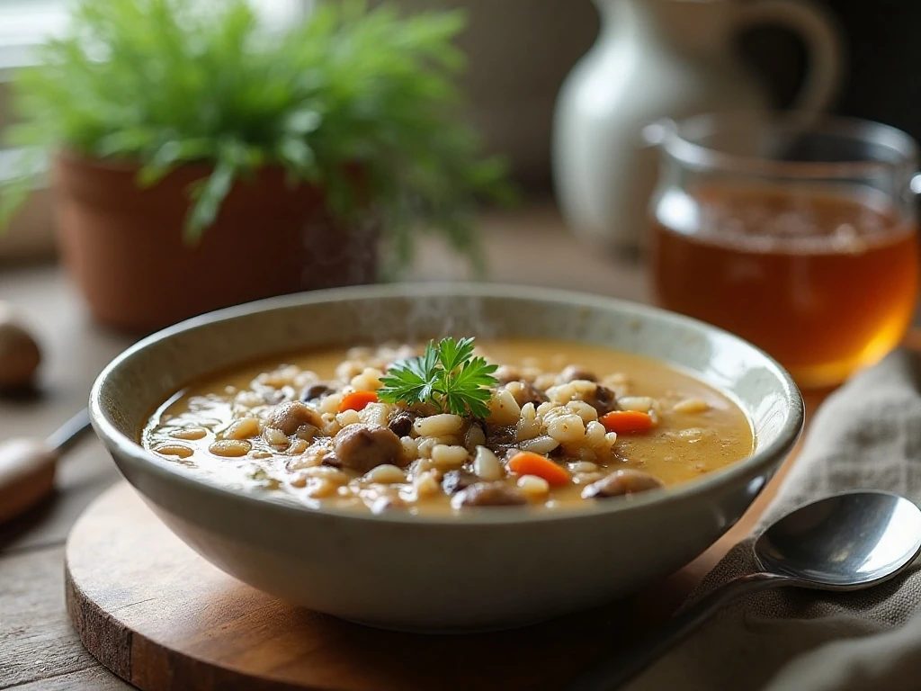 Reheated creamy wild rice and mushroom soup with extra broth for serving