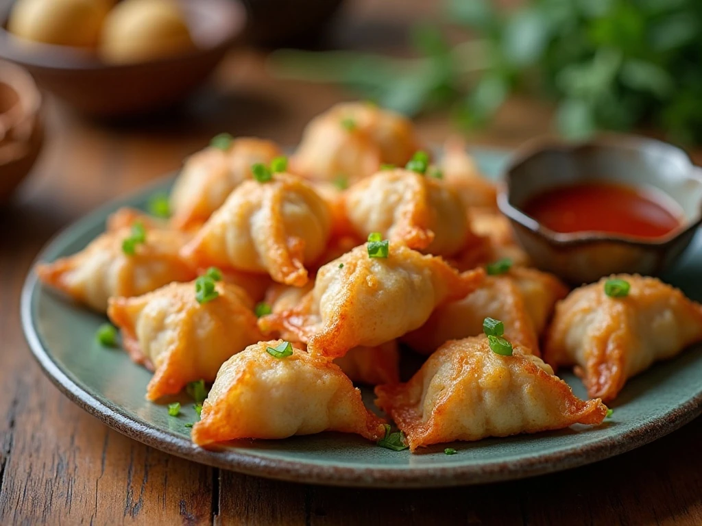 Platter of crispy fried pork wontons with dipping sauce