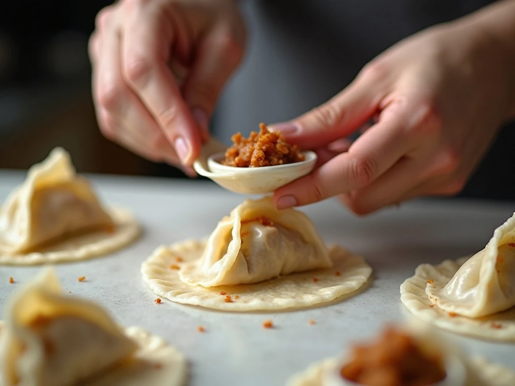 Folding and sealing a pork wonton wrapper