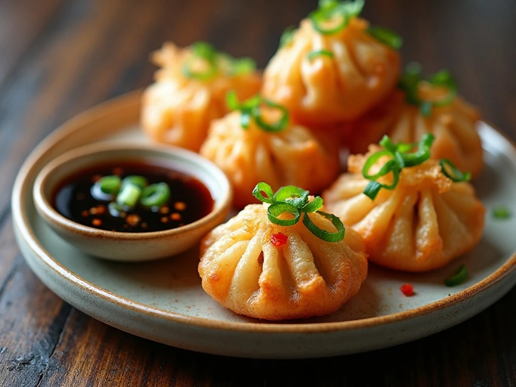 Golden wontons with soy vinegar dipping sauce and green onion