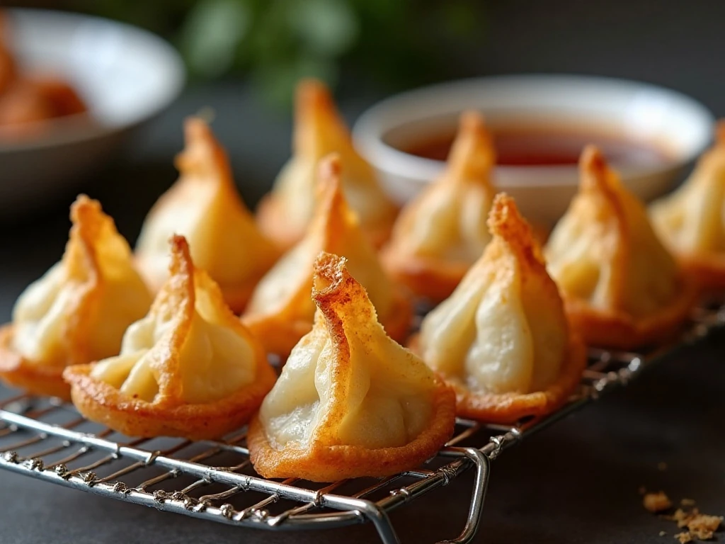 Crispy reheated wontons ready to serve