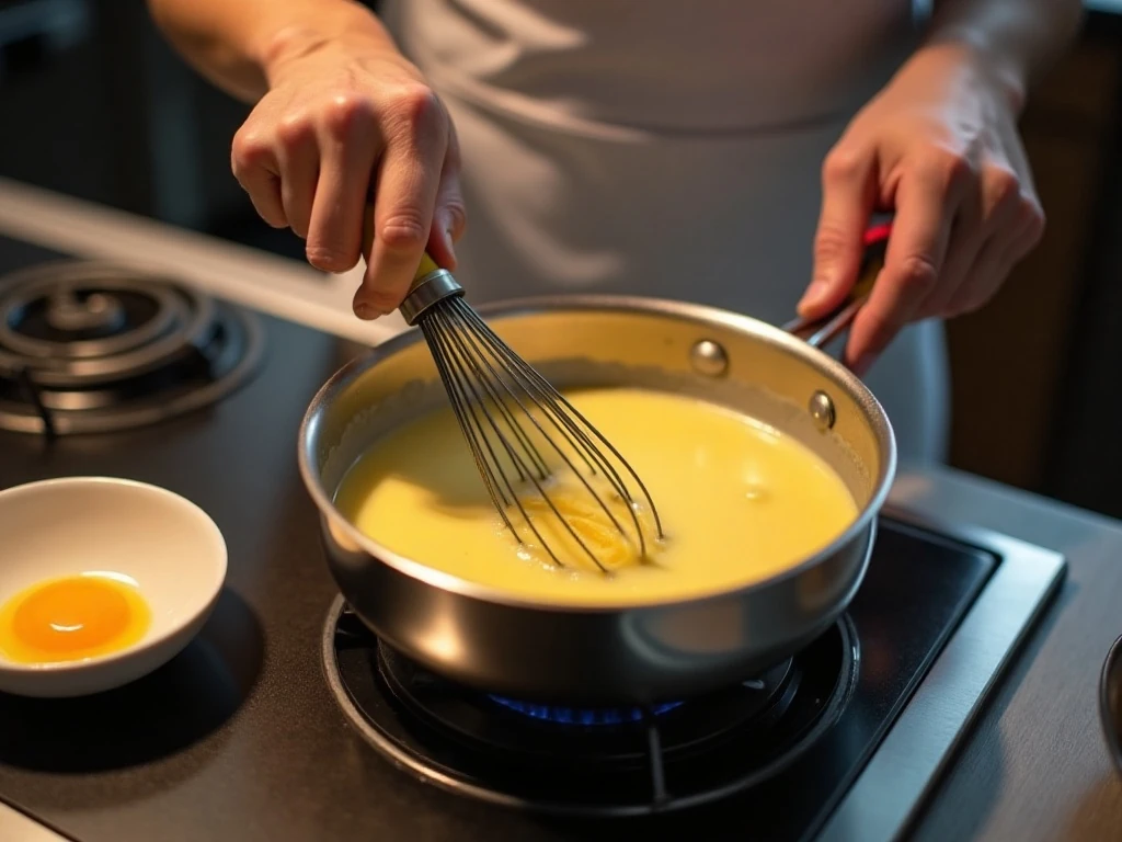 Whisking homemade vanilla custard for banana pudding