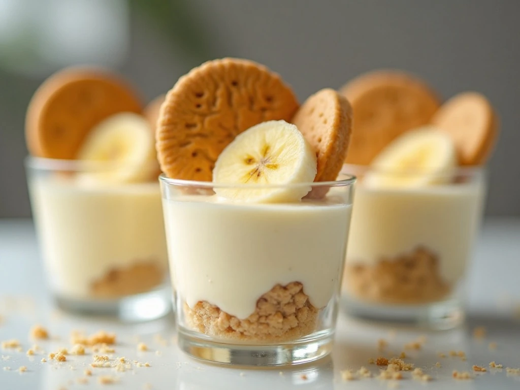 Individual cups of layered WW banana pudding with wafer garnish
