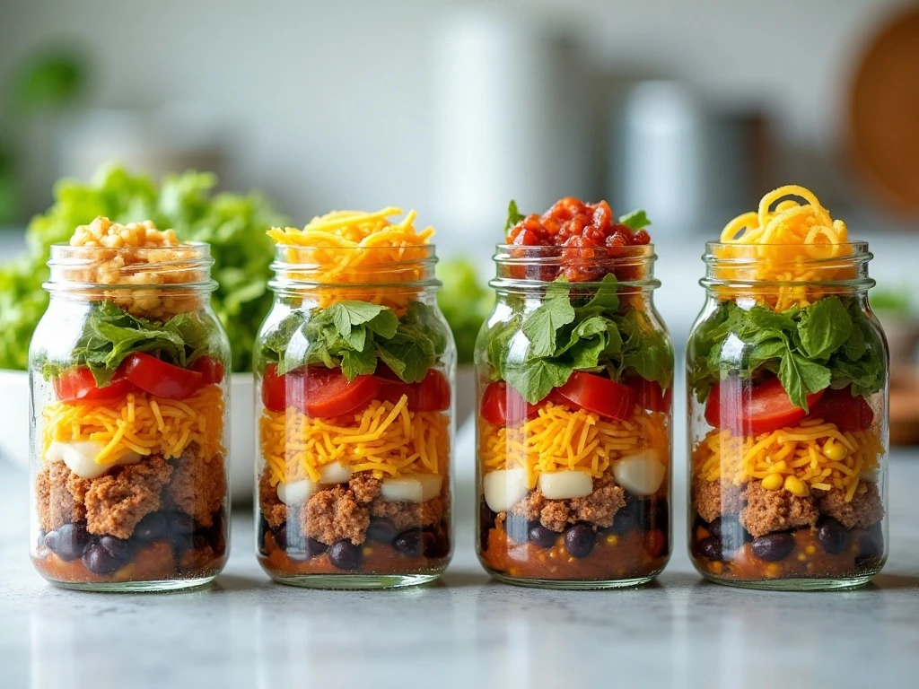 Taco salad in a jar meal-prep servings with colorful fresh layers