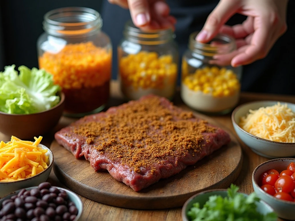 Preparing taco meat and ingredients for layered jar salads