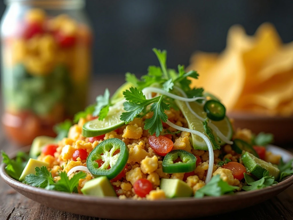 Taco salad garnished with lime, cilantro, avocado, jalapeno, and tortilla chips