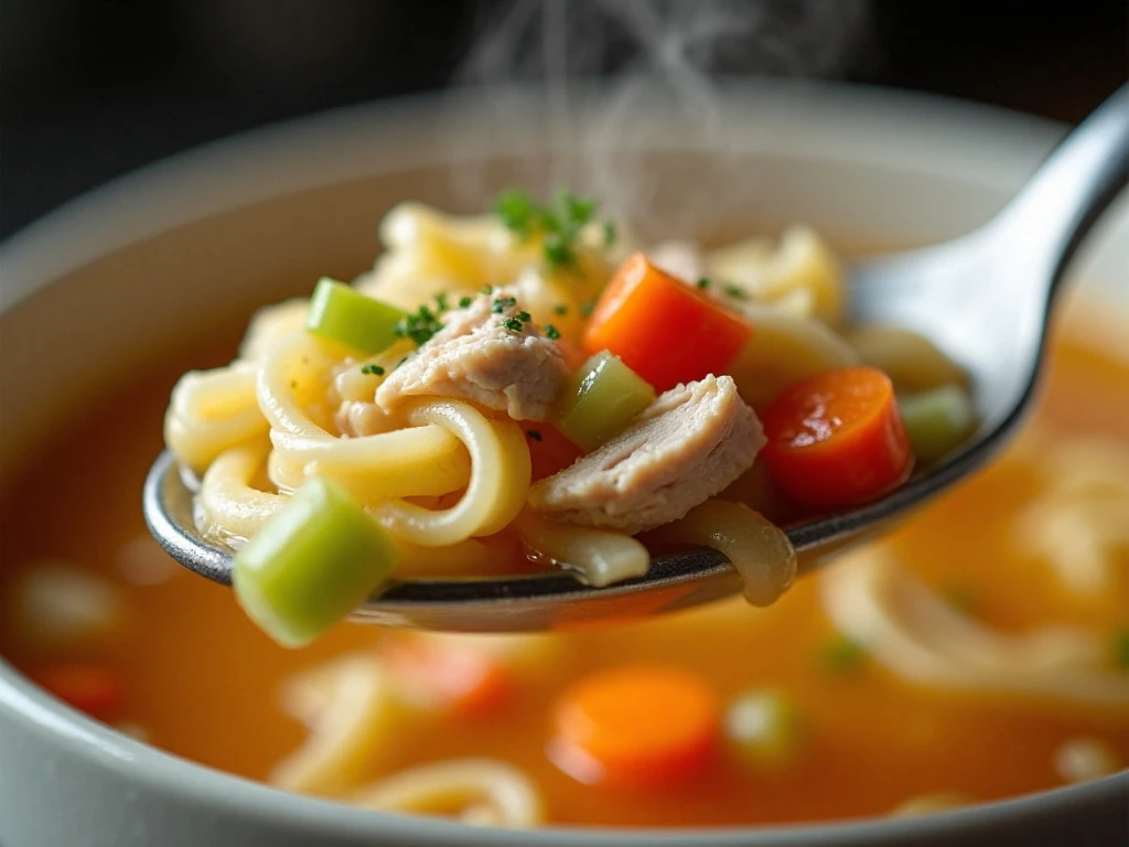 Close-up of chicken, noodles, vegetables, and parsley in soup