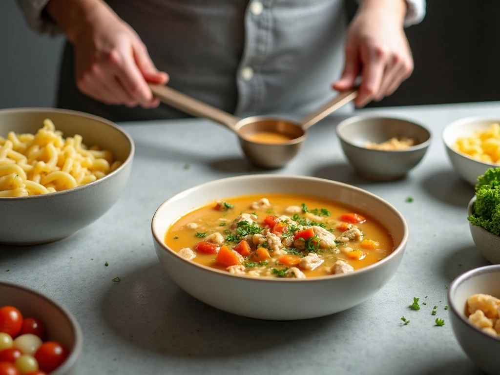 Chicken noodle soup and noodles stored separately for leftovers