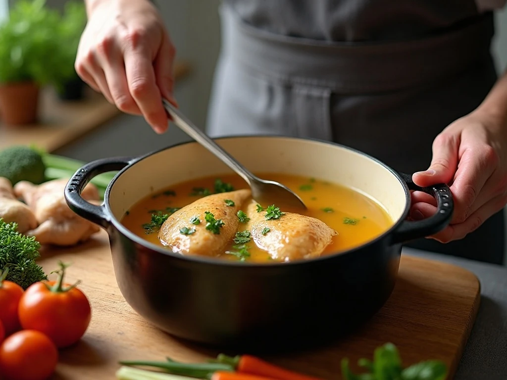 Skimming homemade chicken broth while preparing chicken noodle soup
