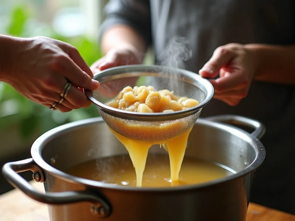 Straining broth for a clear chicken noodle soup