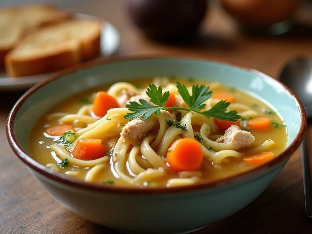 Yankee Doodle chicken noodle soup served with bread