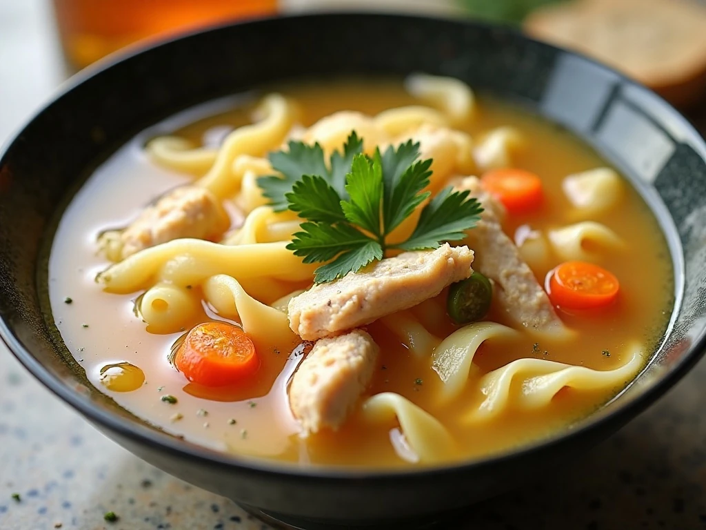 A reheated bowl of chicken noodle soup with fresh parsley