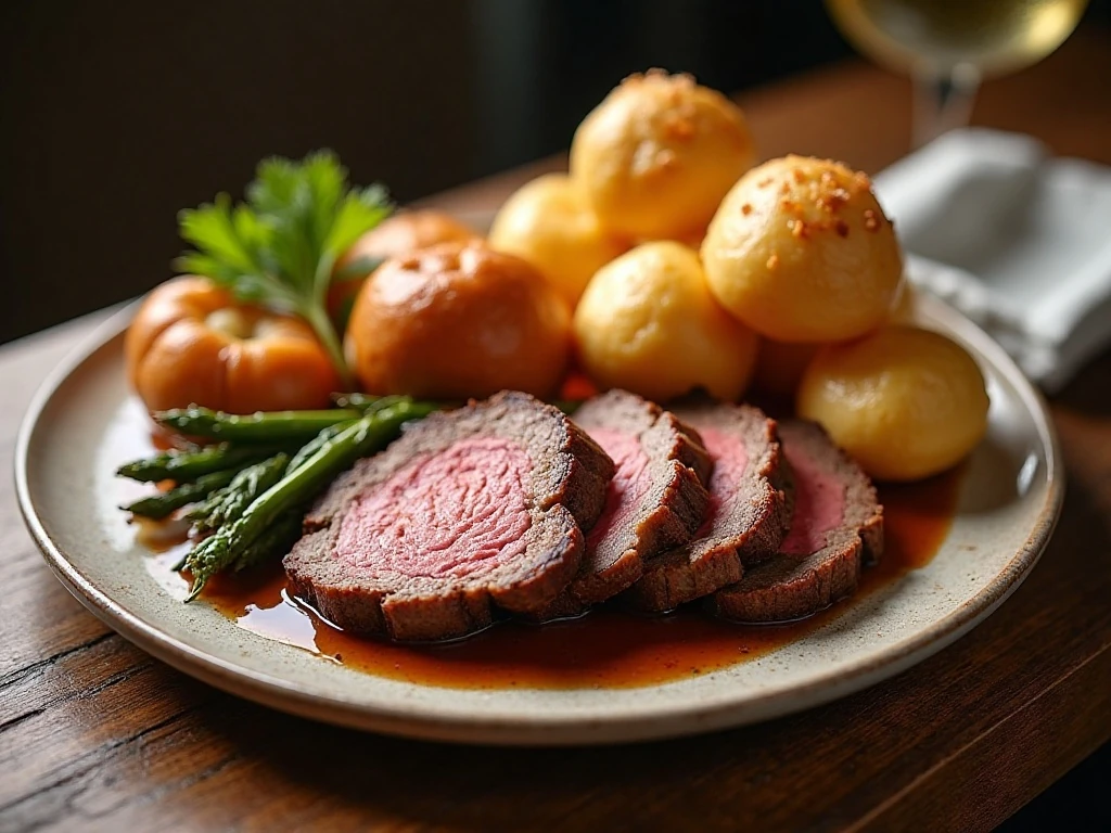 Golden Yorkshire puddings served with roast beef, gravy, and roast dinner sides