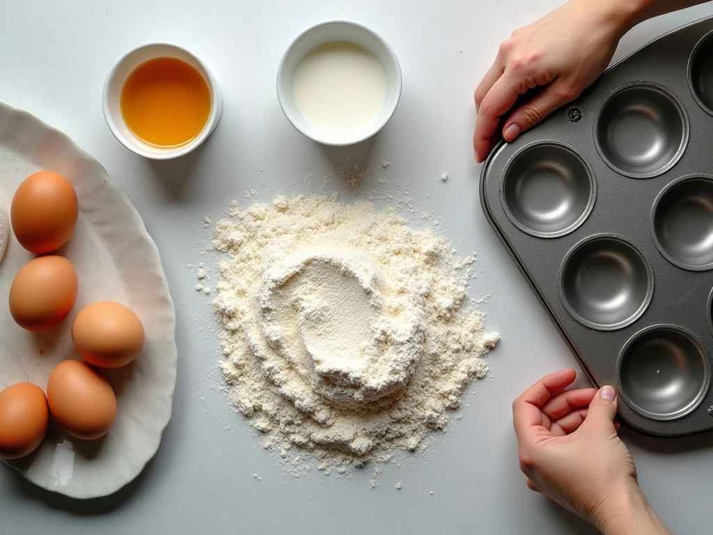 Ingredients for homemade Yorkshire pudding batter and hot tin