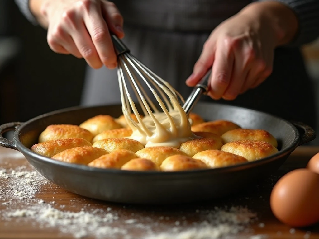 Whisking Yorkshire pudding batter before pouring it into a hot muffin tin