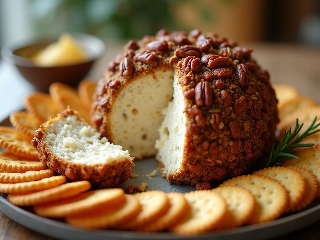 Pecan-coated ranch and dried beef cheeseball served with crackers