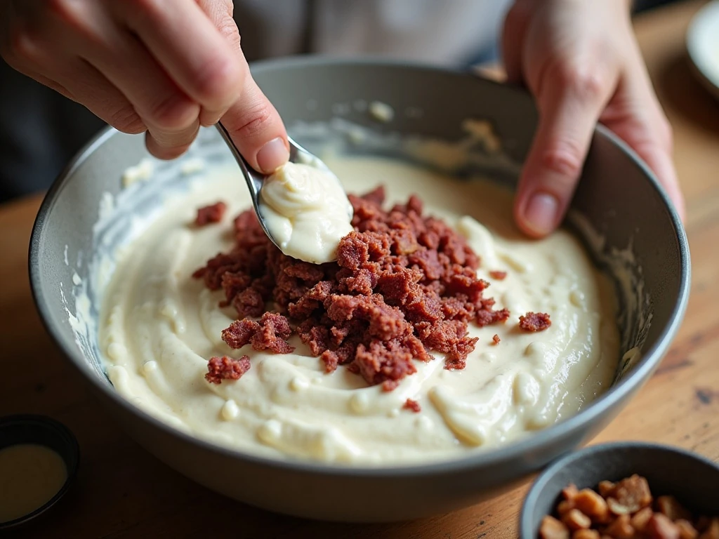 Mixing ranch-seasoned cream cheese with chopped dried beef