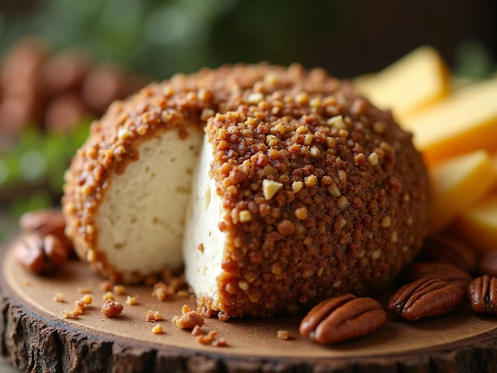 Close-up of chopped pecans coating a cheeseball