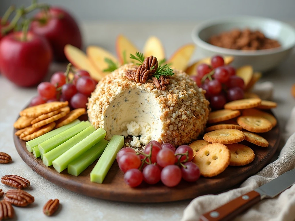 Cheeseball appetizer platter with crackers and fresh dippers