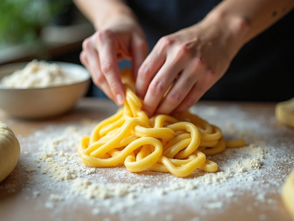 Kneading homemade egg noodle dough