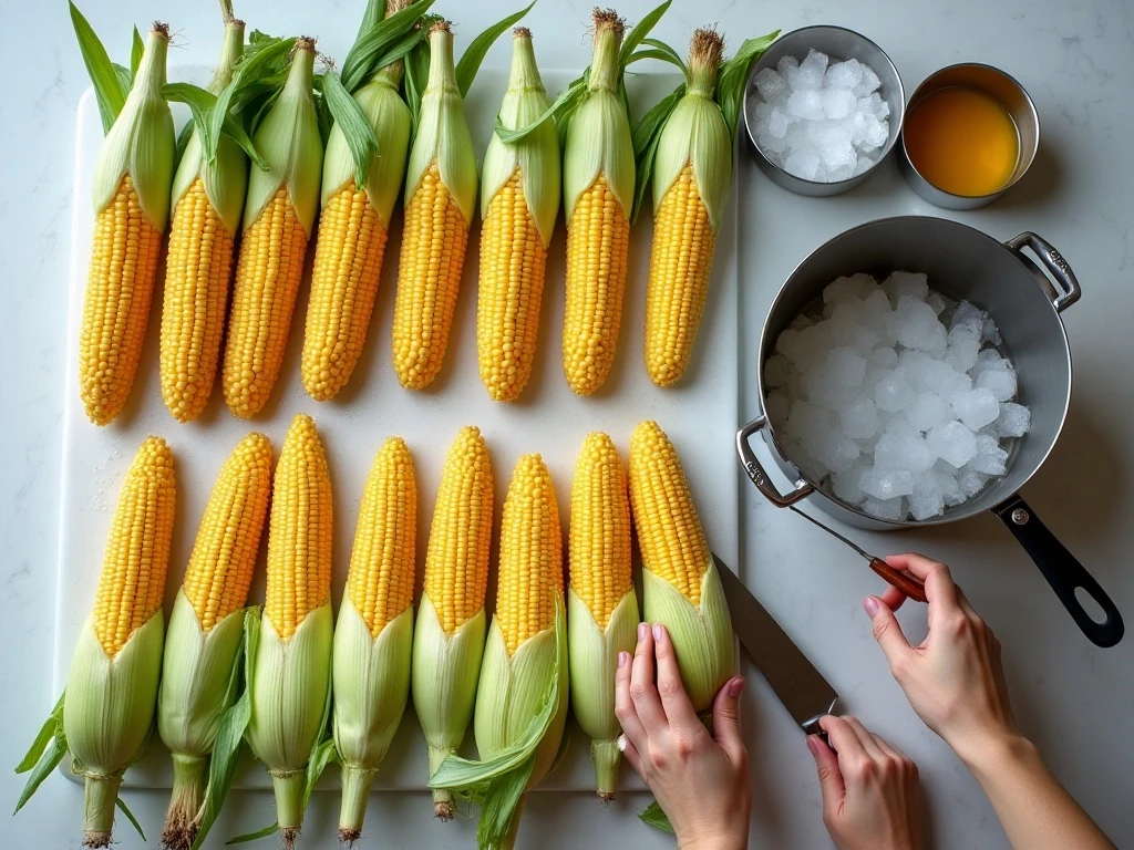 Fresh sweet corn and supplies prepared for blanching and freezing