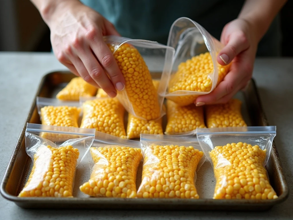 Sweet-corn kernels portioned into flat labeled freezer bags