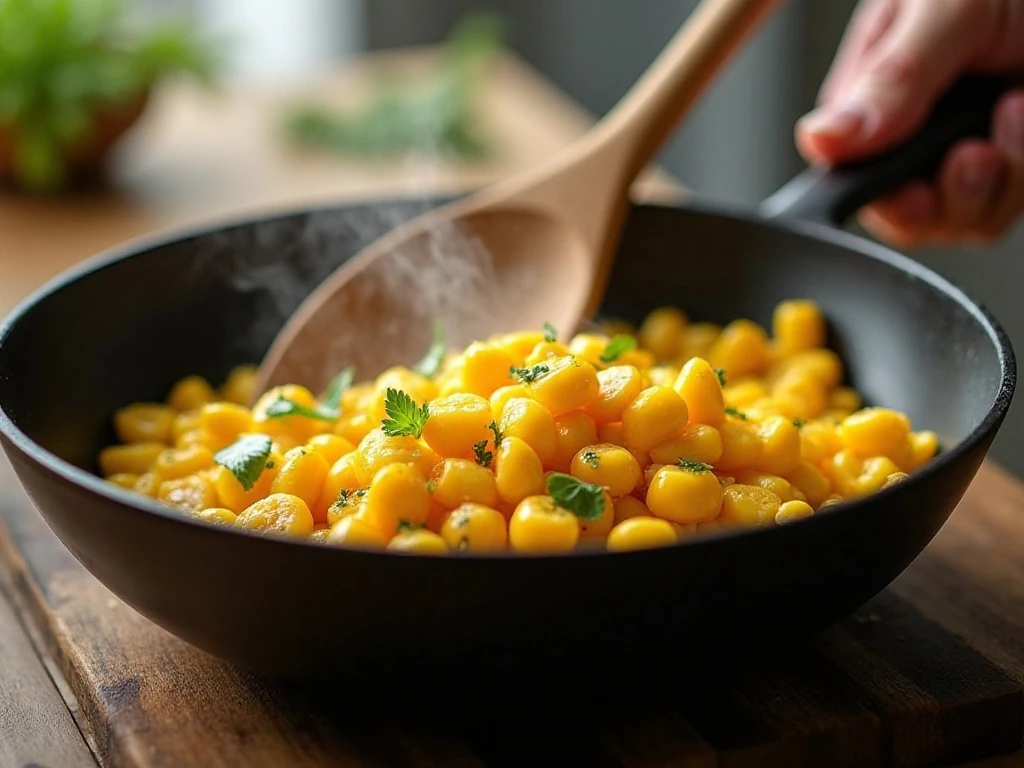 Frozen sweet corn briefly reheating in a skillet
