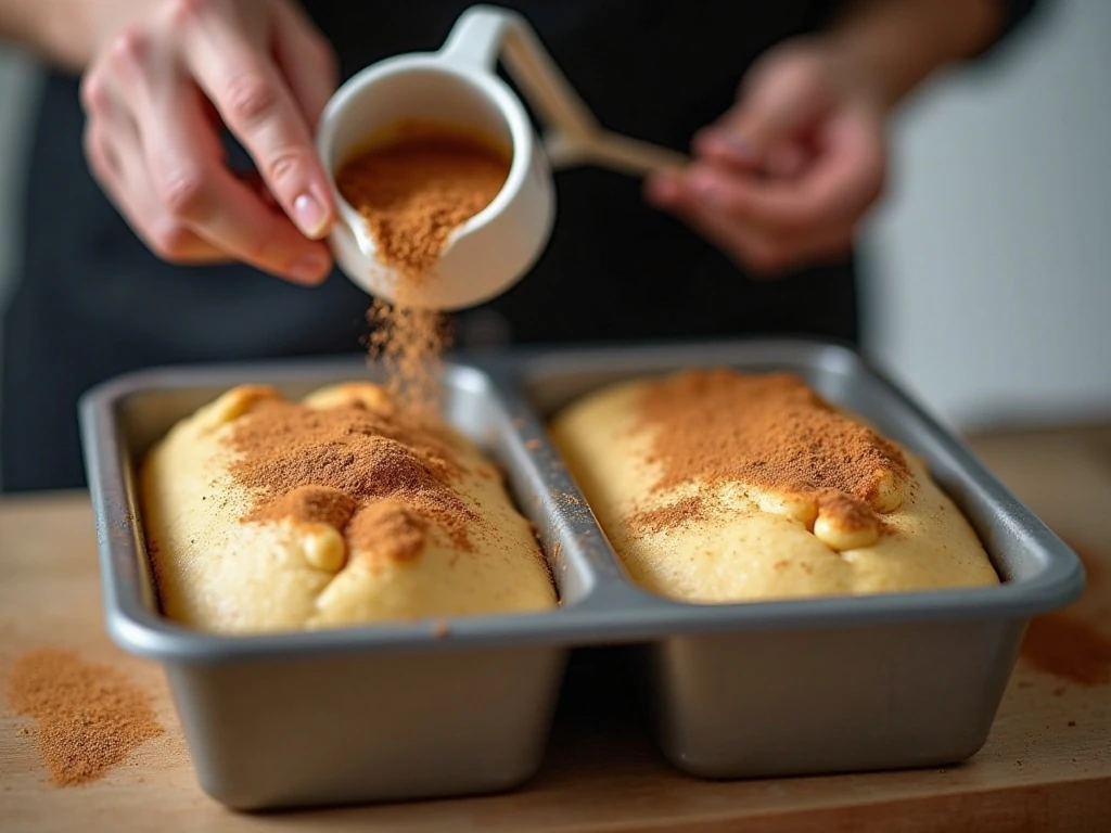 Cinnamon sugar layered over Amish bread batter in loaf pans