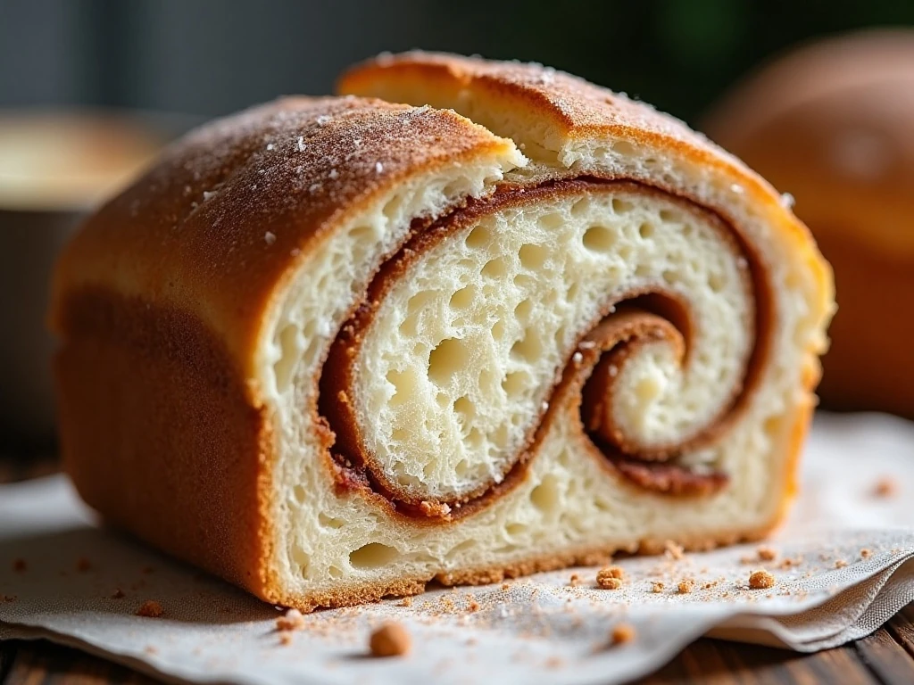 Close-up of tender crumb and cinnamon swirl in homemade bread