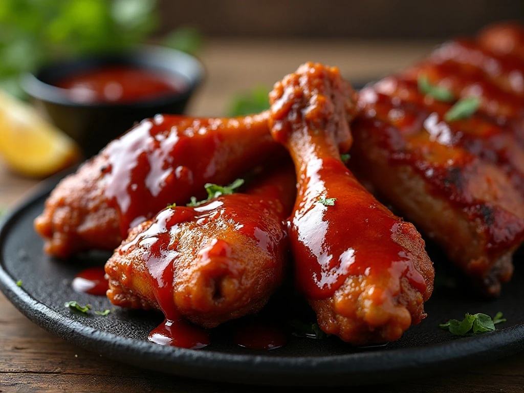 Grilled chicken and ribs coated in glossy Dr Pepper BBQ sauce