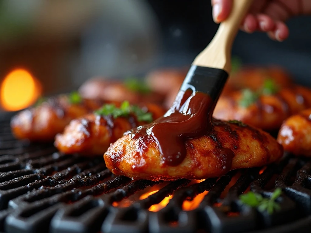 Brushing Dr Pepper BBQ sauce onto grilled chicken