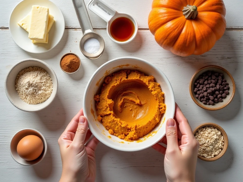 Ingredients for soft and chewy pumpkin oatmeal cookies arranged for baking