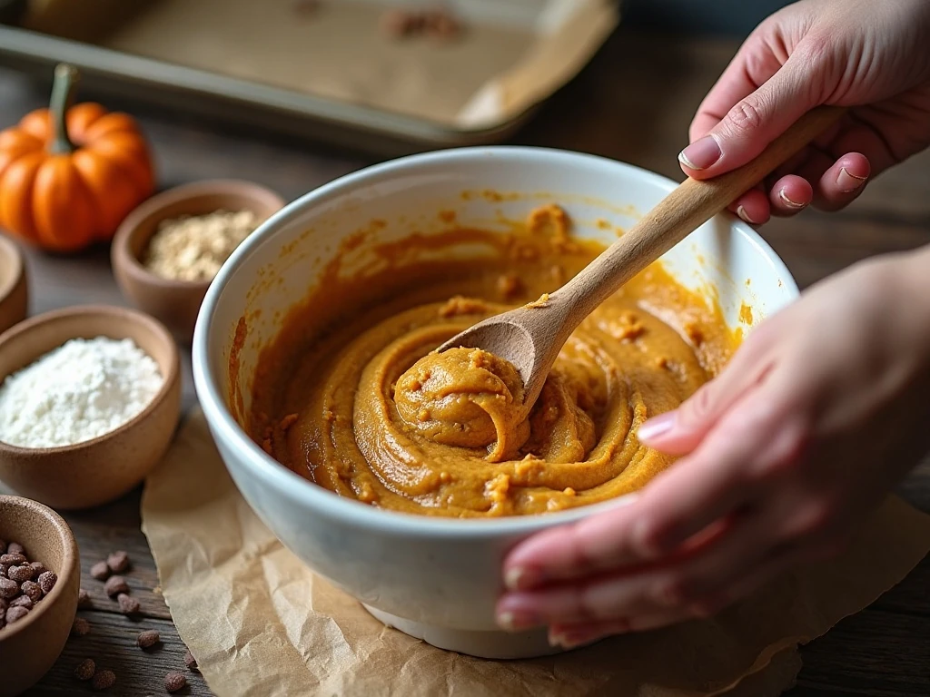 Preparing pumpkin oatmeal cookie dough with oats and spices