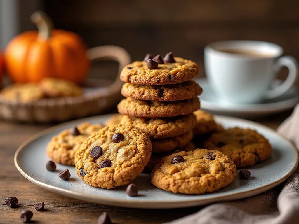 Stack of pumpkin oatmeal cookies with chocolate chips and raisins