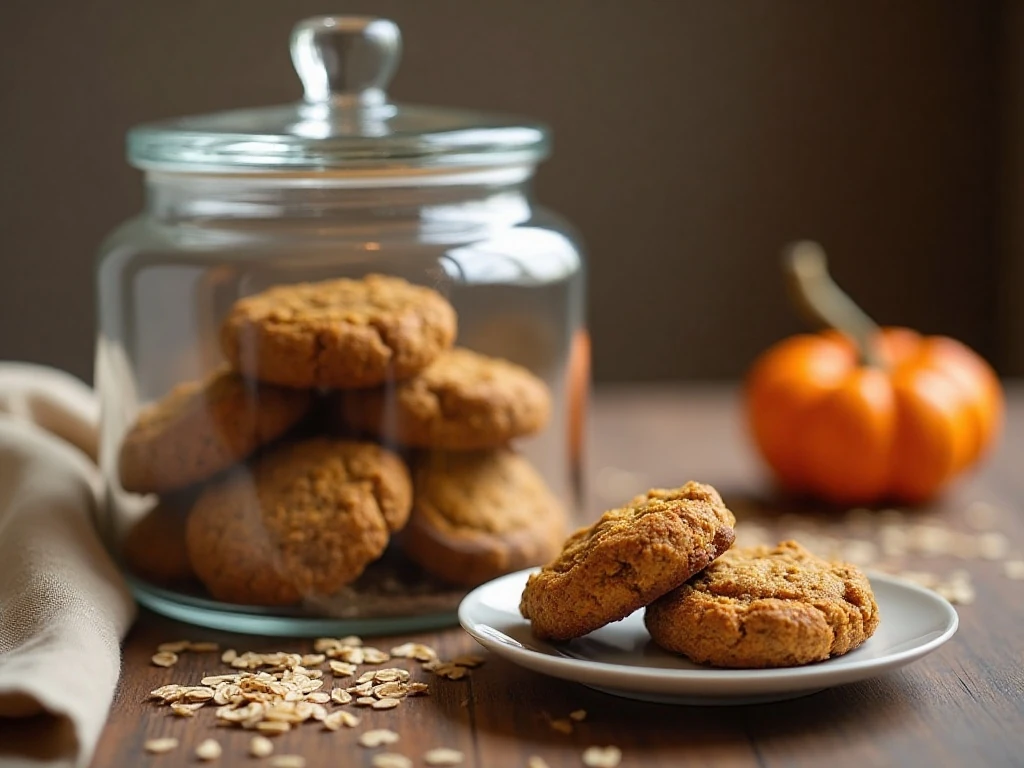 Pumpkin oatmeal cookies stored in an airtight container