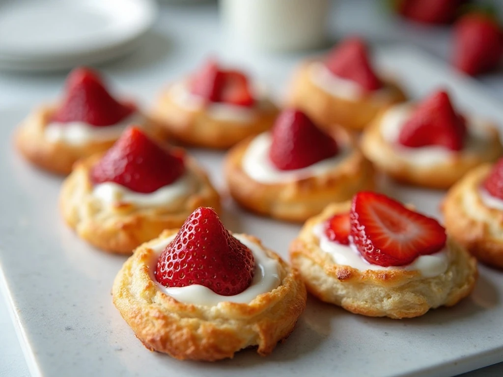 Platter of golden strawberry Danish pastries with cream cheese filling and glaze