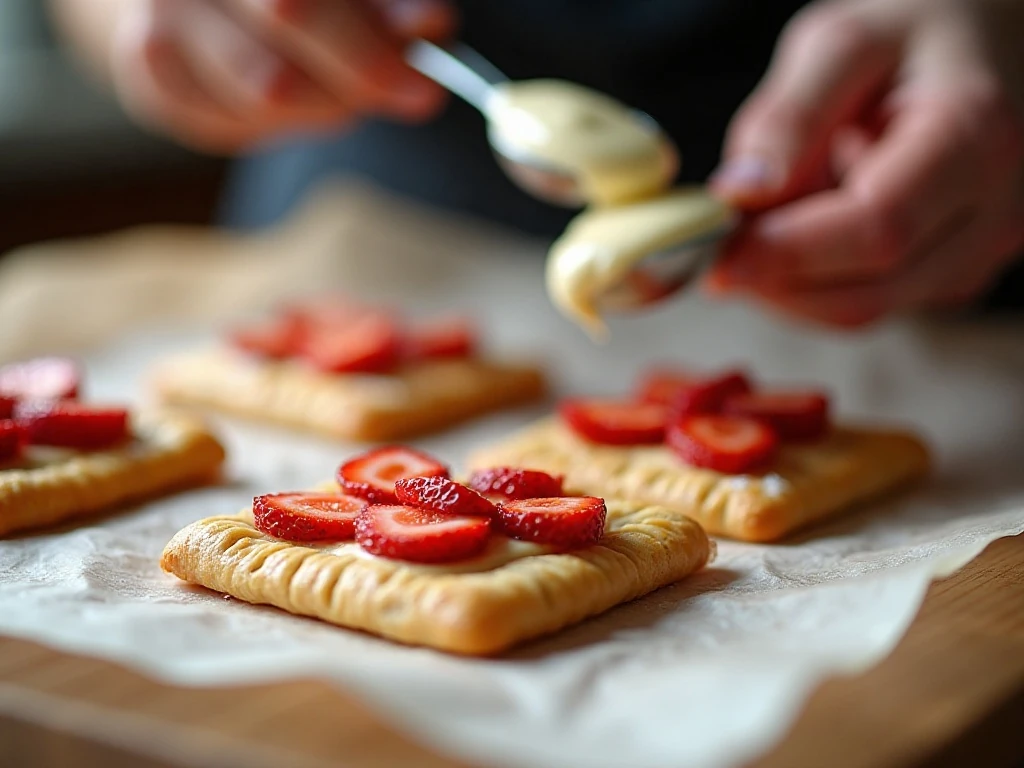 Preparing puff pastry squares with cream cheese and sliced strawberries