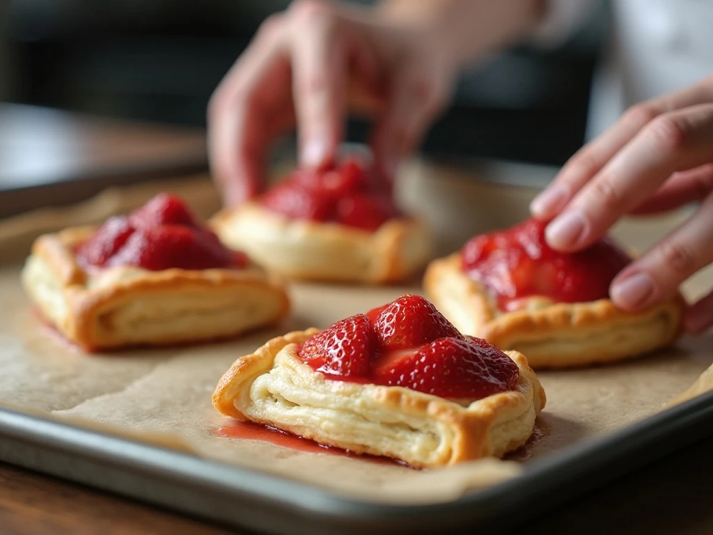 Unbaked strawberry Danish pastries with egg-washed puff pastry borders