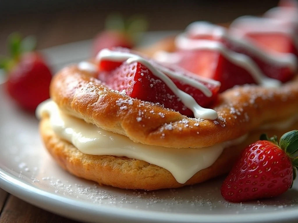 Close-up of glazed strawberry Danish with fresh berries