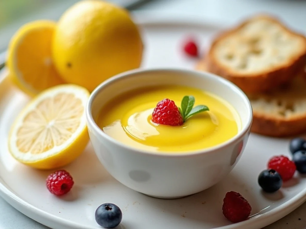 Glossy homemade lemon curd served with toast and fresh lemons