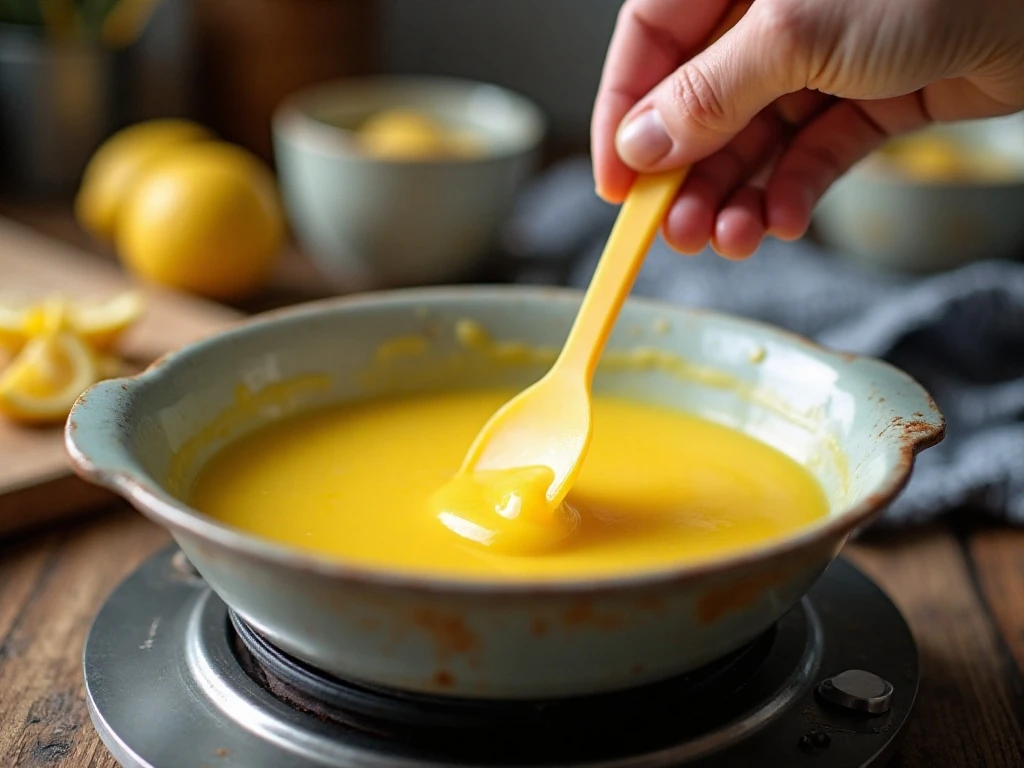 Lemon curd being gently stirred over a double boiler