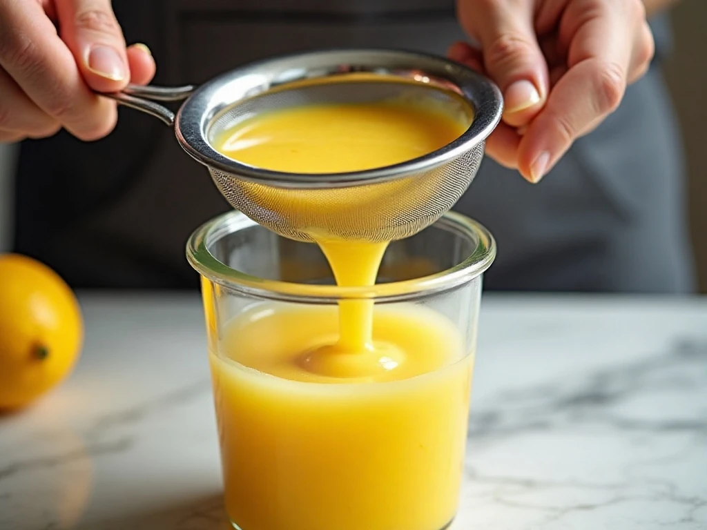 Silky lemon curd strained through a fine-mesh sieve
