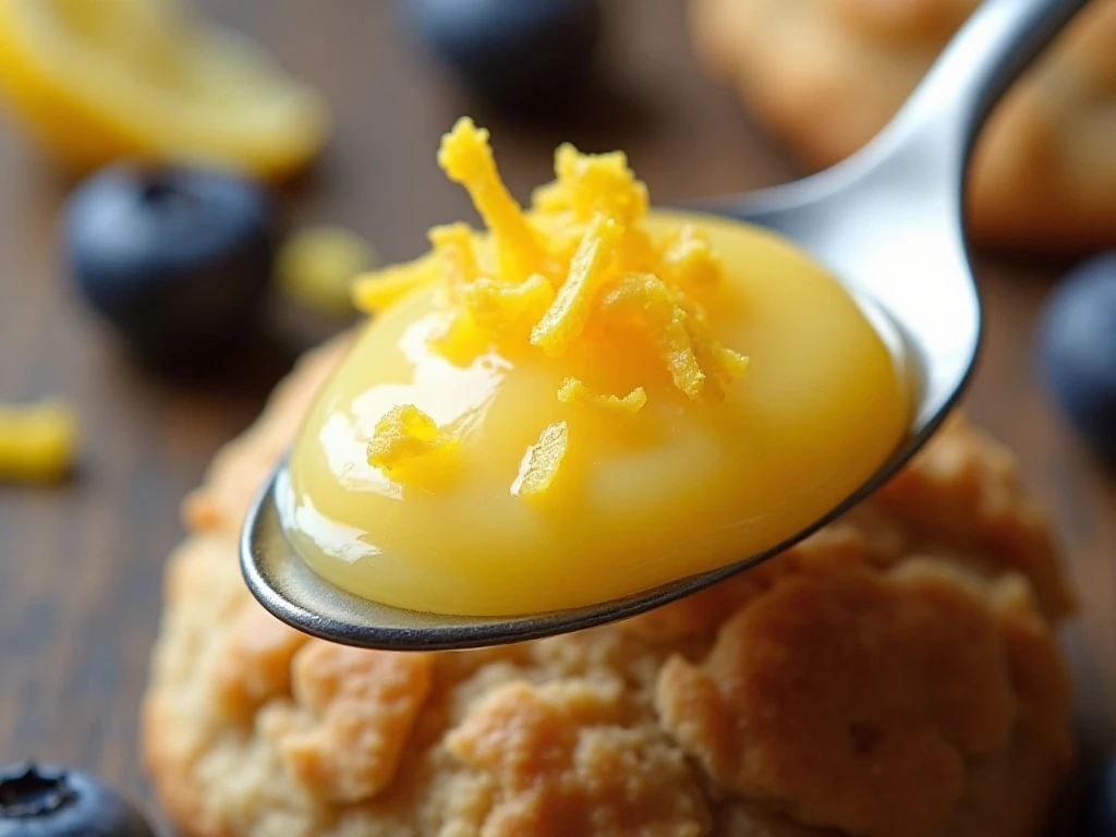 Lemon curd spooned over a scone with lemon zest garnish