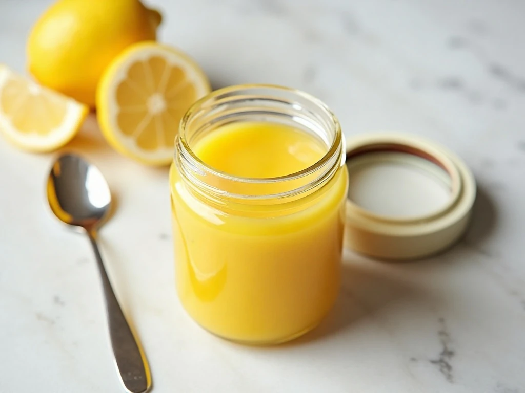 Homemade lemon curd stored in a covered glass container
