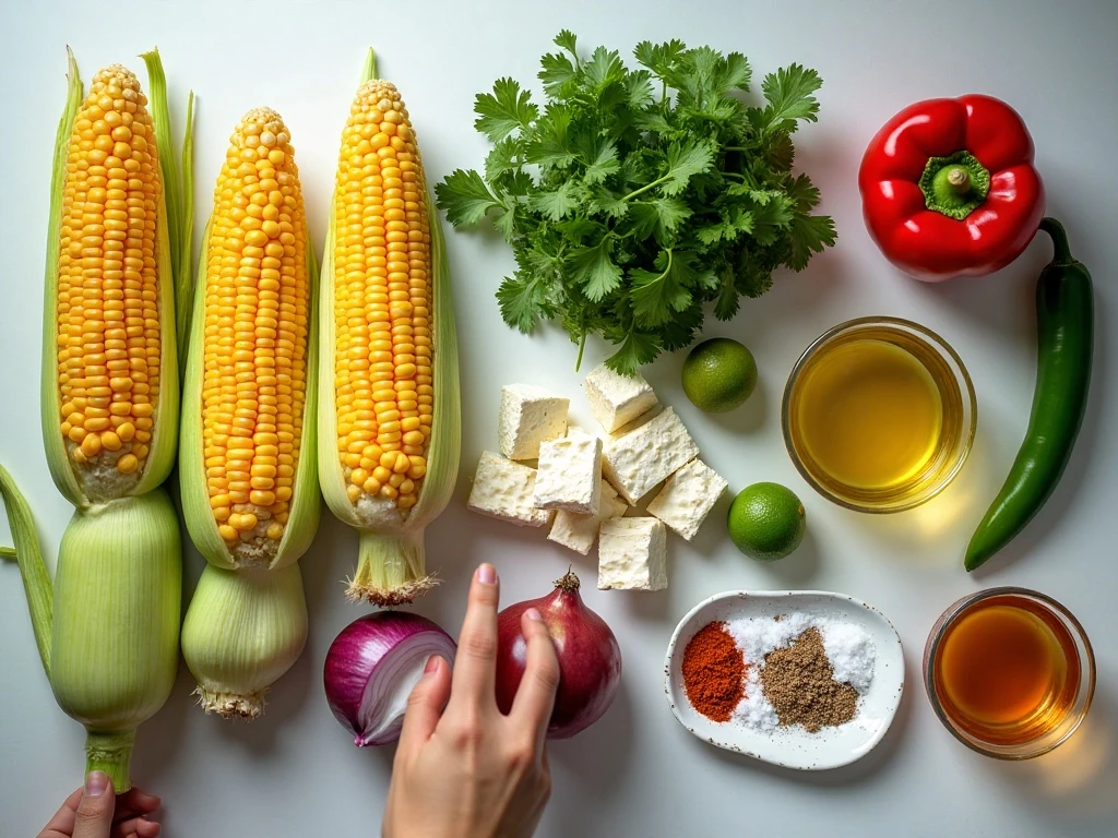 Ingredients for zesty corn salad with feta arranged on a kitchen counter