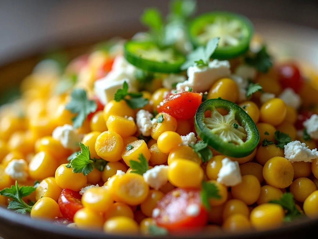 Feta and cilantro garnish on zesty corn salad