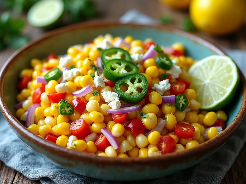Finished zesty corn salad with feta in a serving bowl