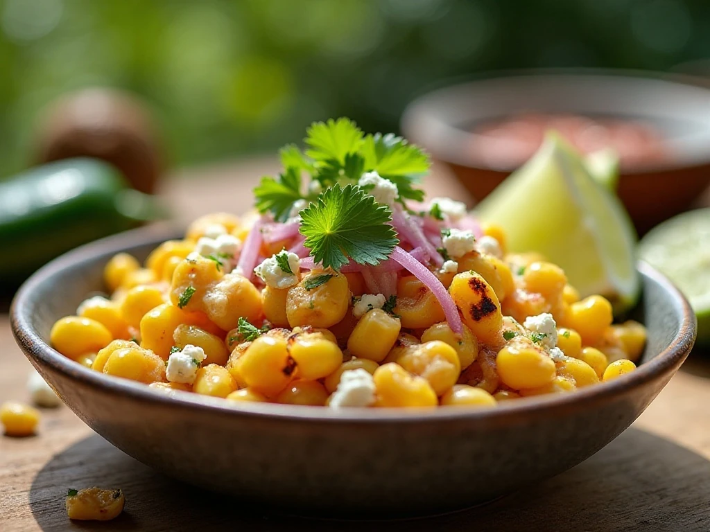 Creamy grilled Mexican street corn salad served with lime and Cotija cheese